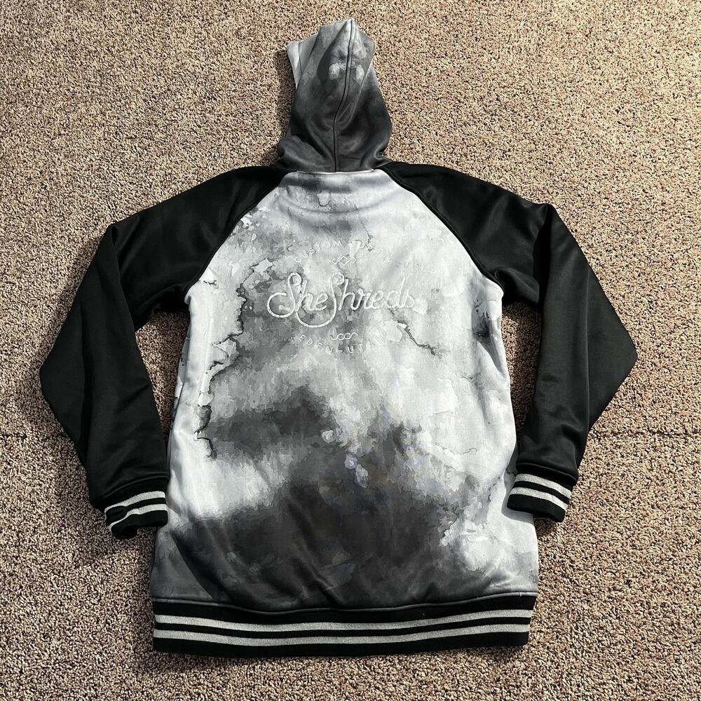 SheShreds Hoodie Womens Small Black Gray‎ Marble Pullover Raglan Zipper Pockets